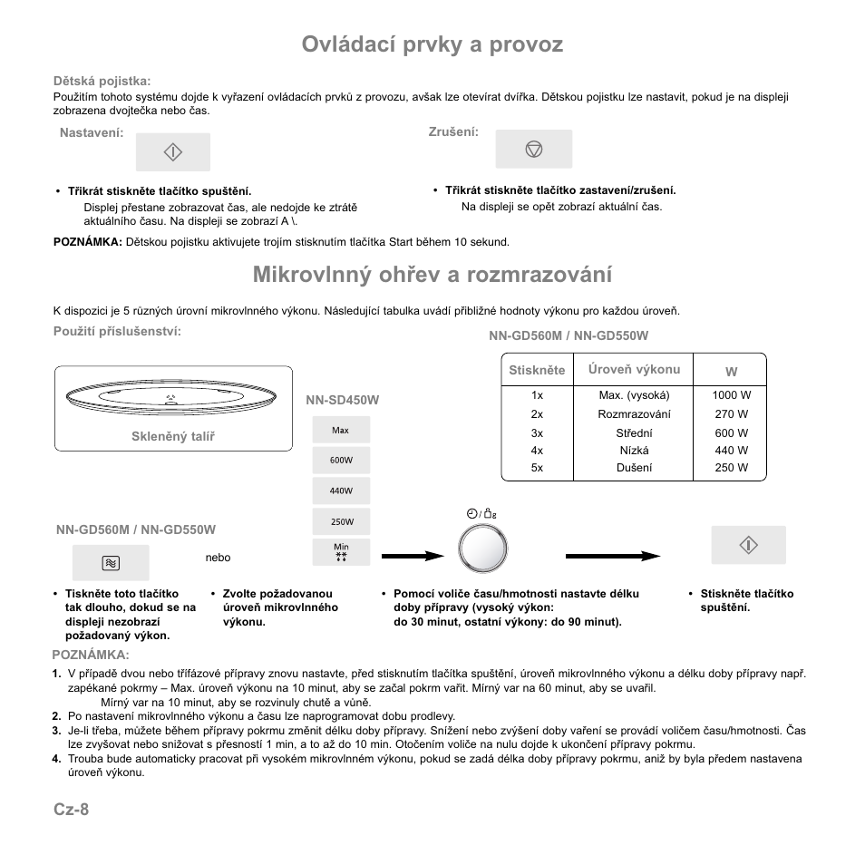 Mikrovlnný ohřev a rozmrazování, Ovládací prvky a provoz, Cz-8 | Panasonic NNGD560MEPG User Manual | Page 143 / 193