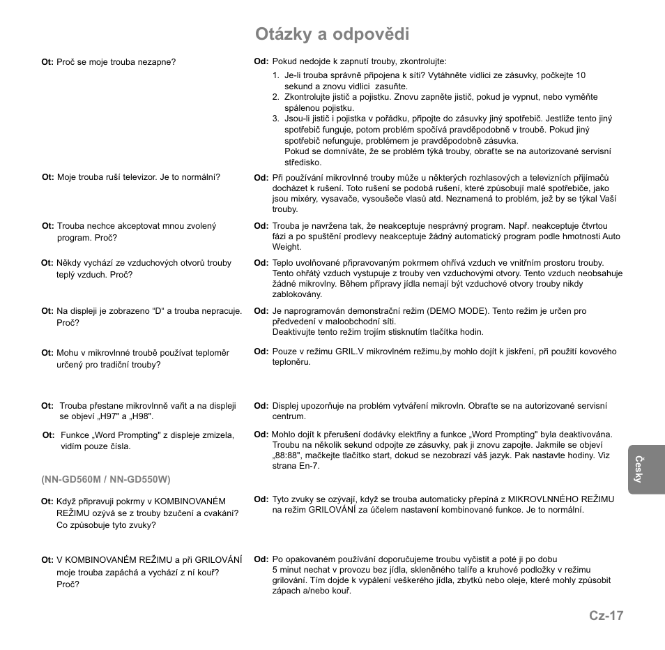 Otázky a odpovědi, Cz-17 | Panasonic NNGD560MEPG User Manual | Page 152 / 193