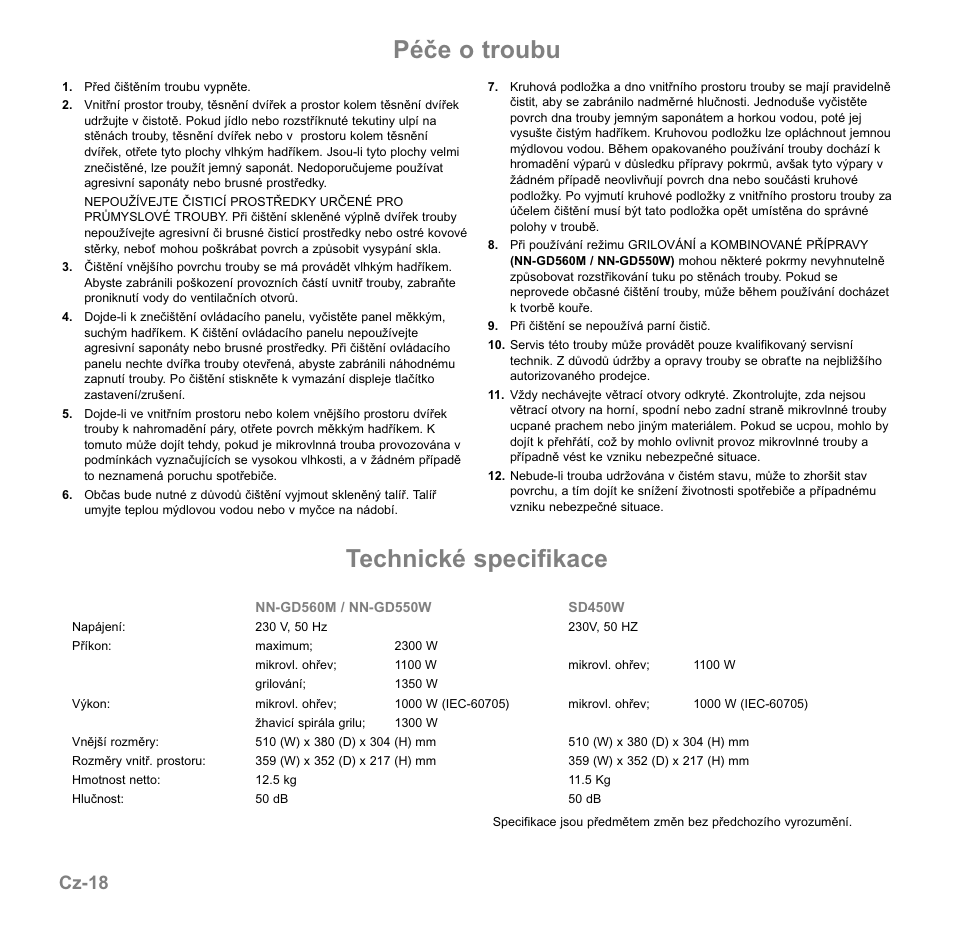 Péče o troubu technické specifikace, Cz-18 | Panasonic NNGD560MEPG User Manual | Page 153 / 193