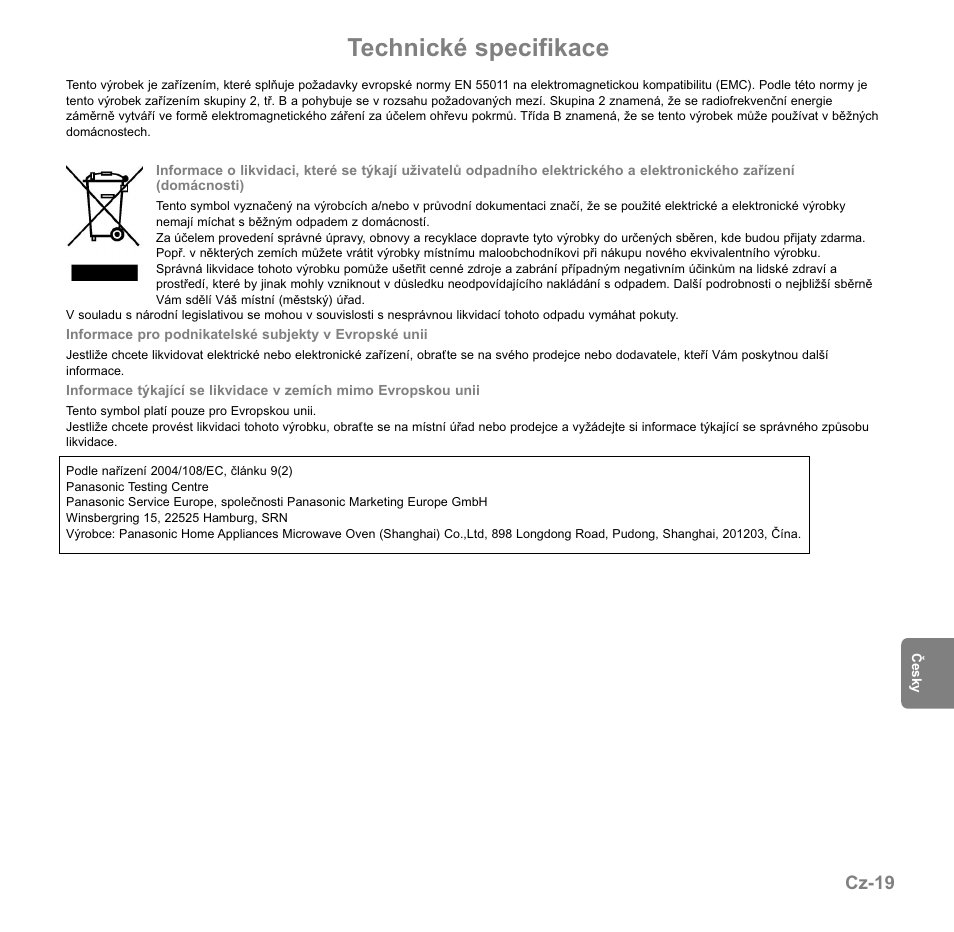 Technické specifikace, Cz-19 | Panasonic NNGD560MEPG User Manual | Page 154 / 193