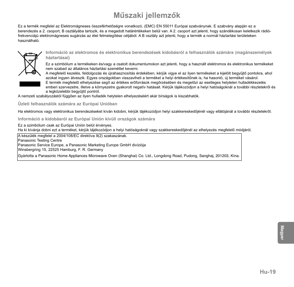 Műszaki jellemzők, Hu-19 | Panasonic NNGD560MEPG User Manual | Page 173 / 193