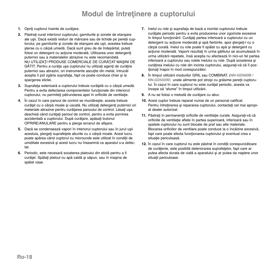 Modul de întreţinere a cuptorului, Ro-18 | Panasonic NNGD560MEPG User Manual | Page 191 / 193