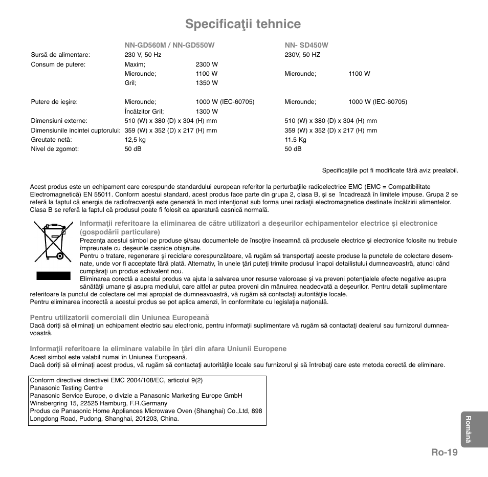 Specificaţii tehnice, Ro-19 | Panasonic NNGD560MEPG User Manual | Page 192 / 193