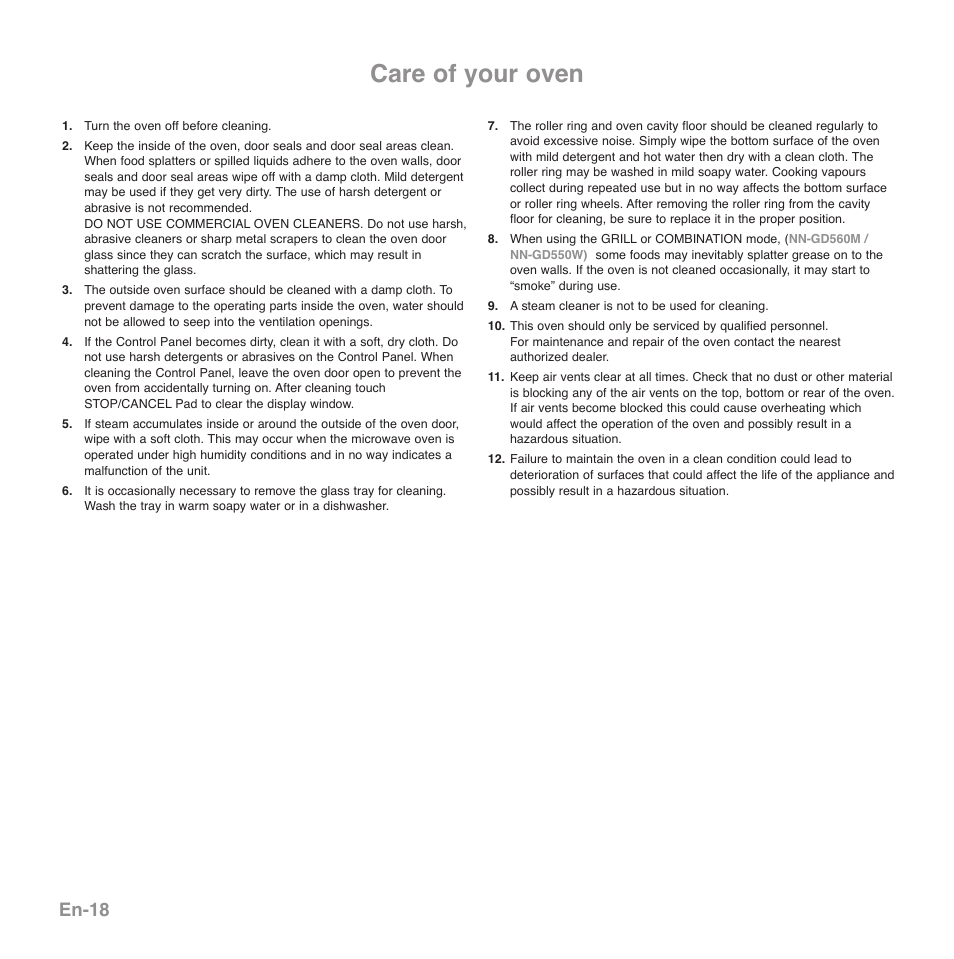 Care of your oven, En-18 | Panasonic NNGD560MEPG User Manual | Page 20 / 193