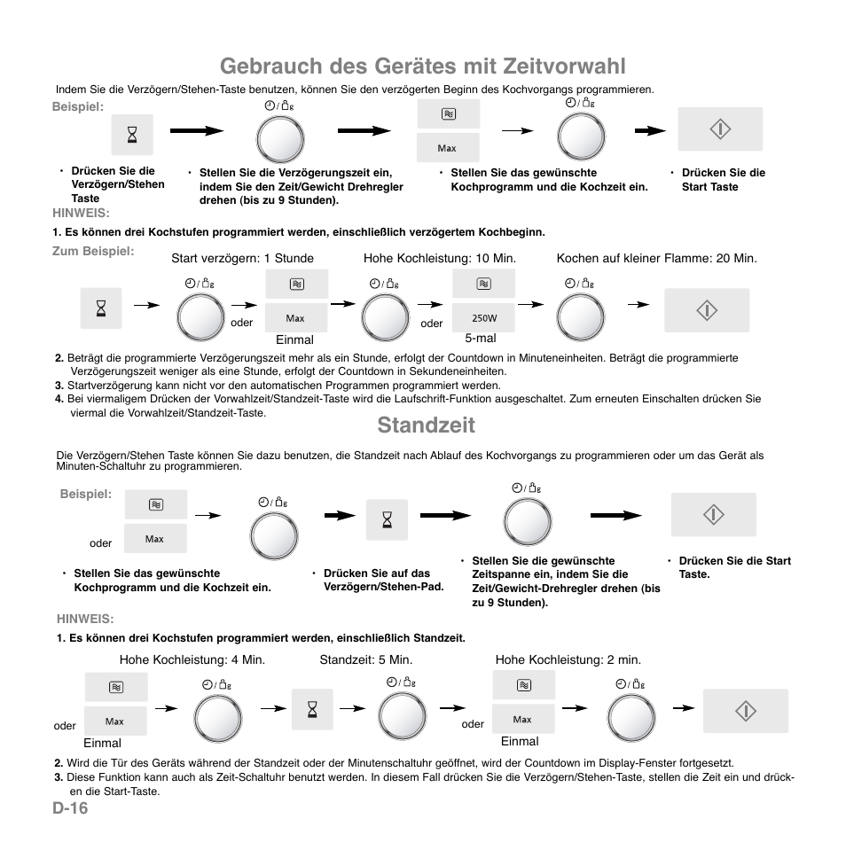 Gebrauch des gerätes mit zeitvorwahl, Standzeit, D-16 | Panasonic NNGD560MEPG User Manual | Page 37 / 193