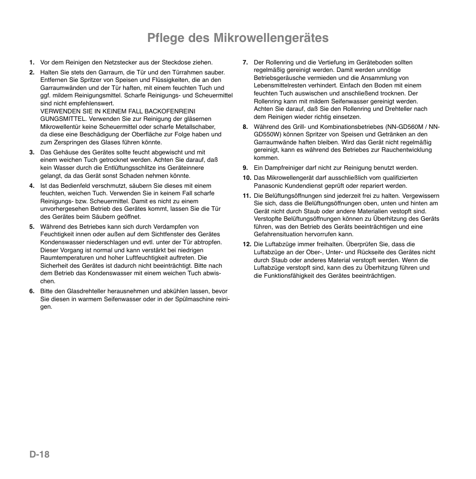 Pflege des mikrowellengerätes, D-18 | Panasonic NNGD560MEPG User Manual | Page 39 / 193