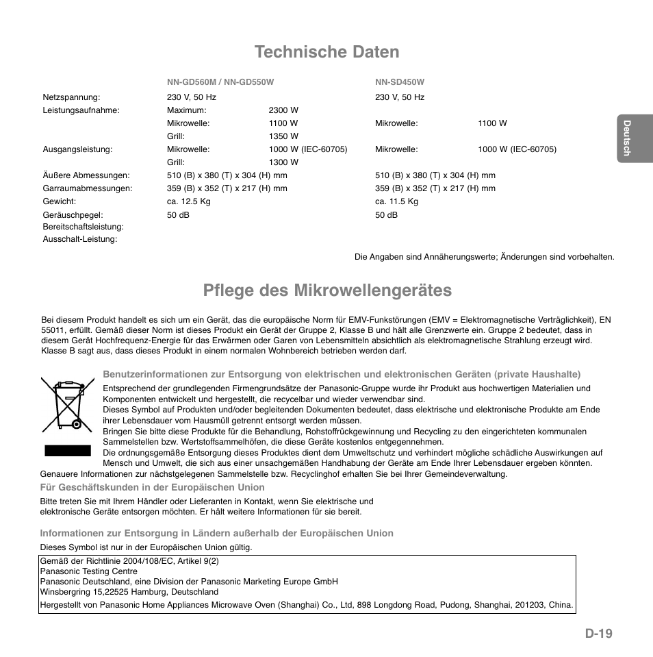 Technische daten, Pflege des mikrowellengerätes, D-19 | Panasonic NNGD560MEPG User Manual | Page 40 / 193