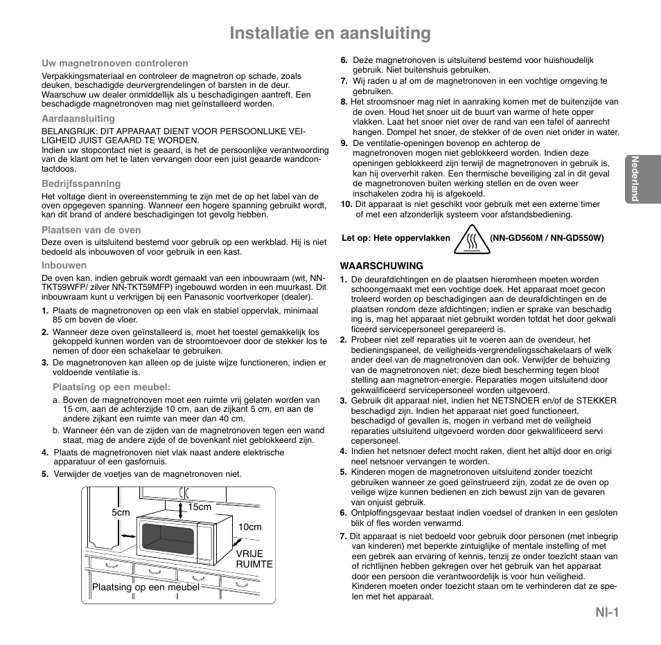 Installatie en aansluiting, Nl-1 | Panasonic NNGD560MEPG User Manual | Page 41 / 193