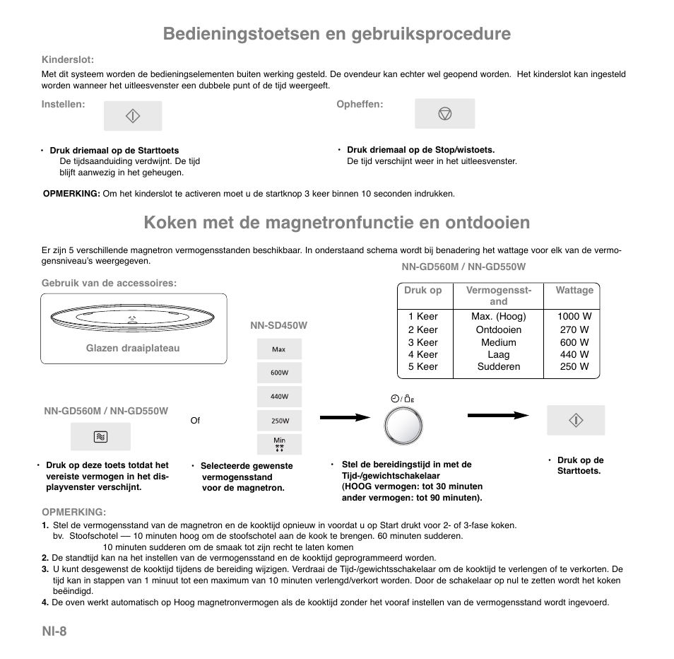 Koken met de magnetronfunctie en ontdooien, Bedieningstoetsen en gebruiksprocedure, Nl-8 | Panasonic NNGD560MEPG User Manual | Page 48 / 193