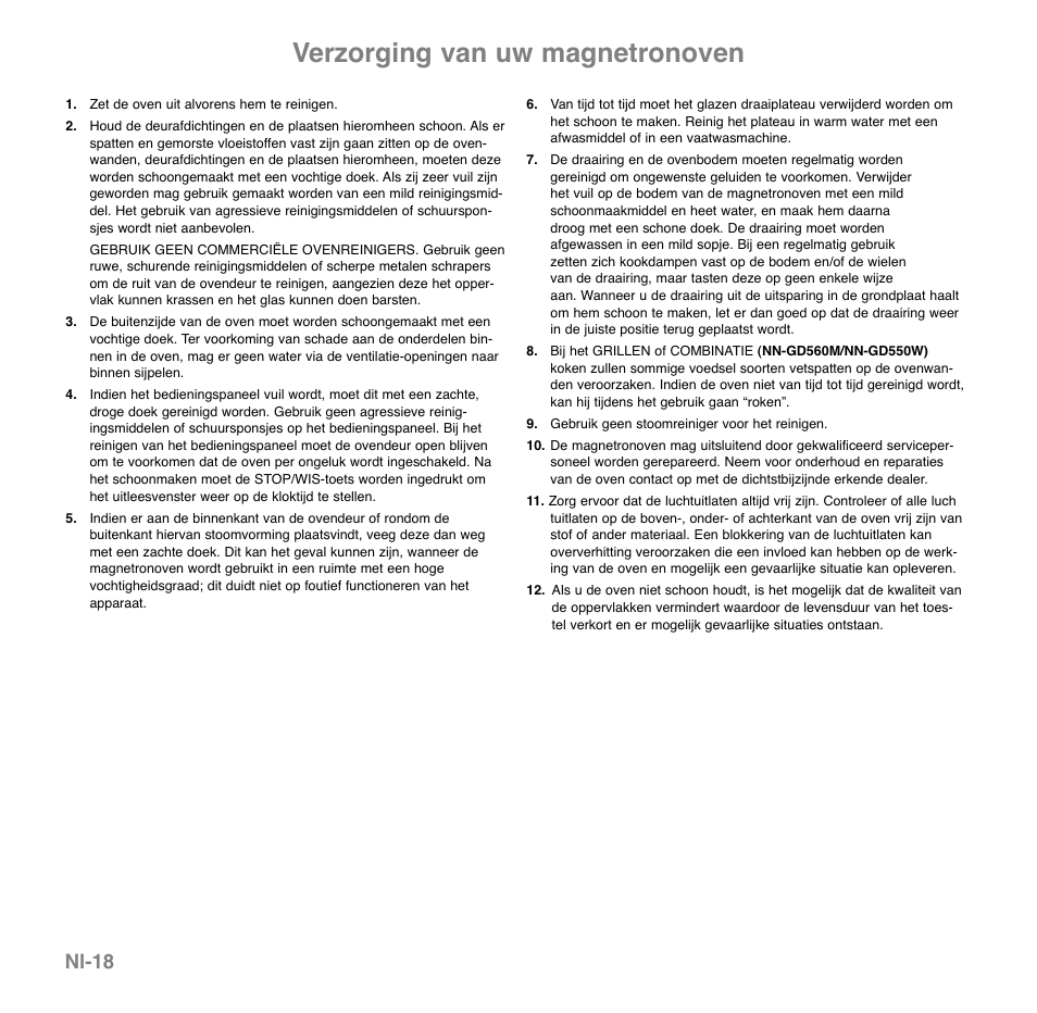 Verzorging van uw magnetronoven, Nl-18 | Panasonic NNGD560MEPG User Manual | Page 58 / 193