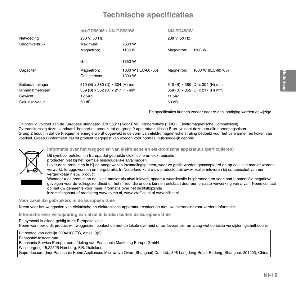 Technische specificaties, Nl-19 | Panasonic NNGD560MEPG User Manual | Page 59 / 193