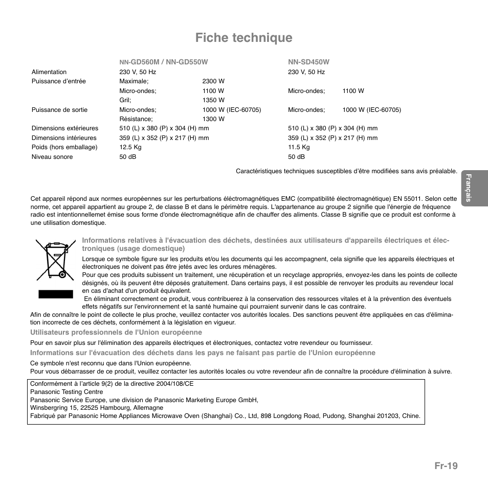 Fiche technique, Fr-19 | Panasonic NNGD560MEPG User Manual | Page 78 / 193