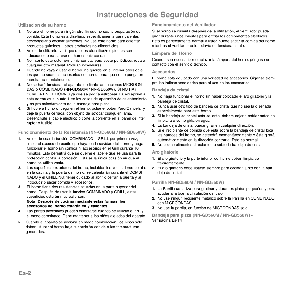 Instrucciones de seguridad, Es-2 | Panasonic NNGD560MEPG User Manual | Page 99 / 193