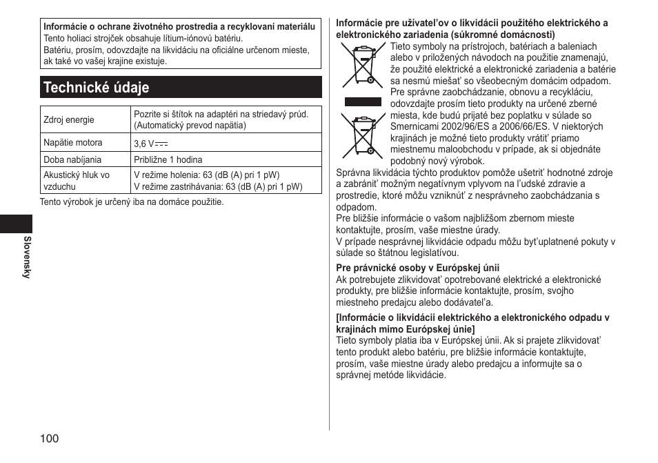 Technické údaje | Panasonic ESLT31 User Manual | Page 100 / 124