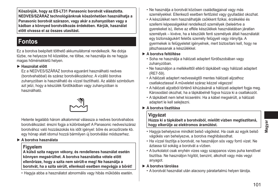 Fontos | Panasonic ESLT31 User Manual | Page 101 / 124