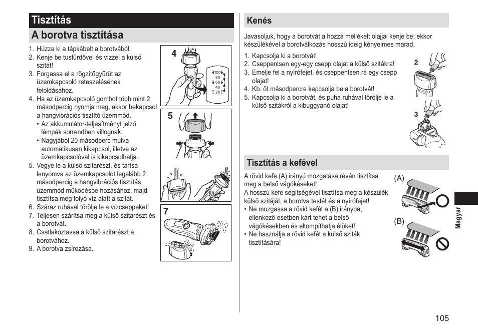 Tisztítás a borotva tisztítása, 45 7 kenés, Tisztítás a kefével | Panasonic ESLT31 User Manual | Page 105 / 124