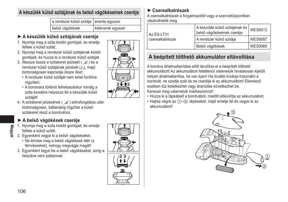 A beépített tölthető akkumulátor eltávolítása | Panasonic ESLT31 User Manual | Page 106 / 124