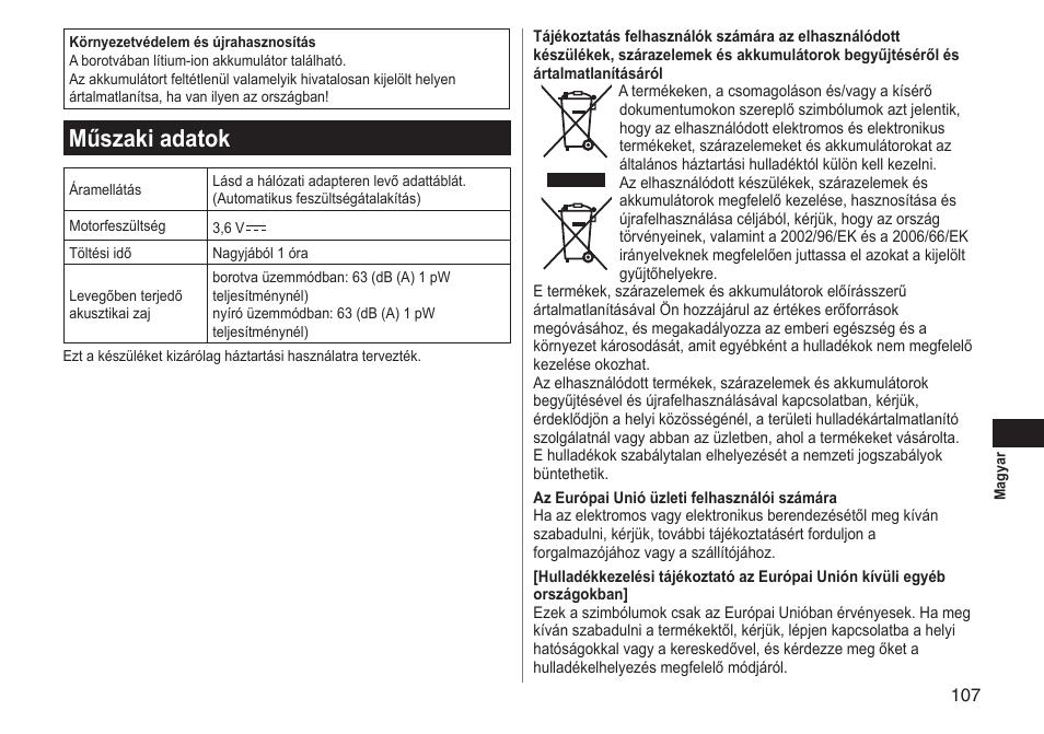 Műszaki adatok | Panasonic ESLT31 User Manual | Page 107 / 124