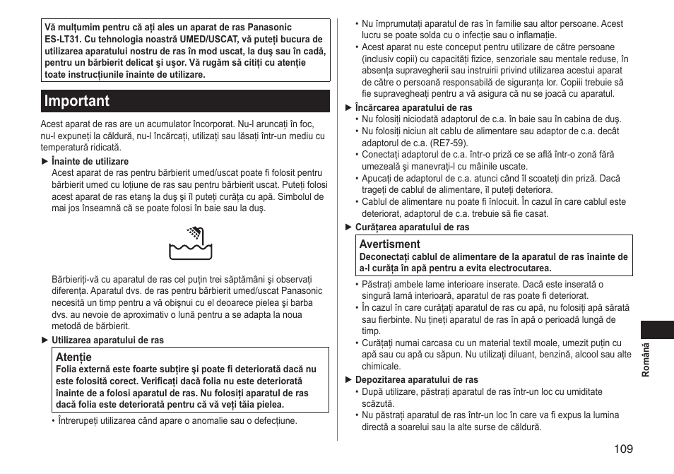 Important | Panasonic ESLT31 User Manual | Page 109 / 124