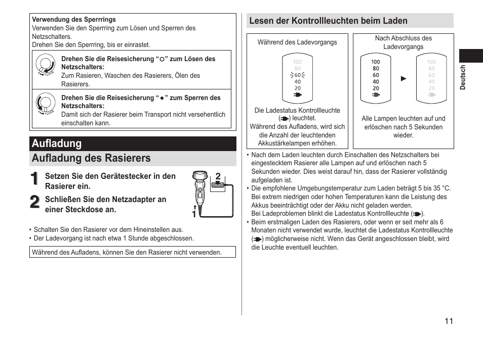 Aufladung aufladung des rasierers | Panasonic ESLT31 User Manual | Page 11 / 124