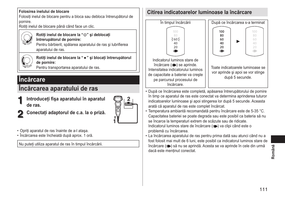 Încărcare încărcarea aparatului de ras | Panasonic ESLT31 User Manual | Page 111 / 124