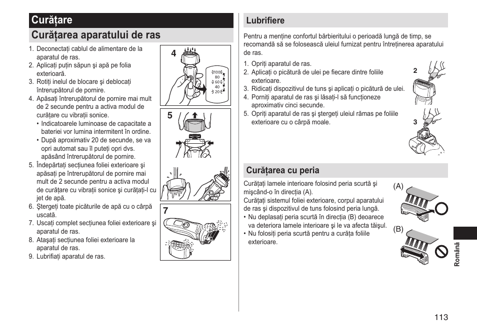 Curăţare curăţarea aparatului de ras, 45 7 lubrifiere, Curăţarea cu peria | Panasonic ESLT31 User Manual | Page 113 / 124