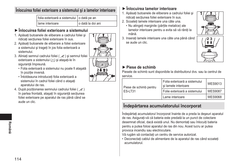 Îndepărtarea acumulatorului încorporat | Panasonic ESLT31 User Manual | Page 114 / 124