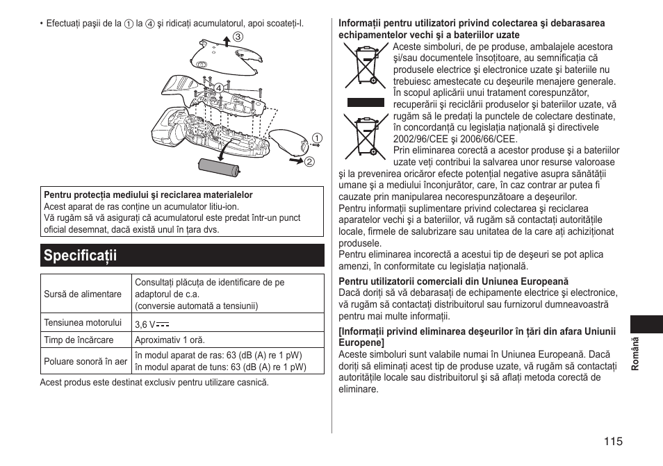 Specificaţii | Panasonic ESLT31 User Manual | Page 115 / 124