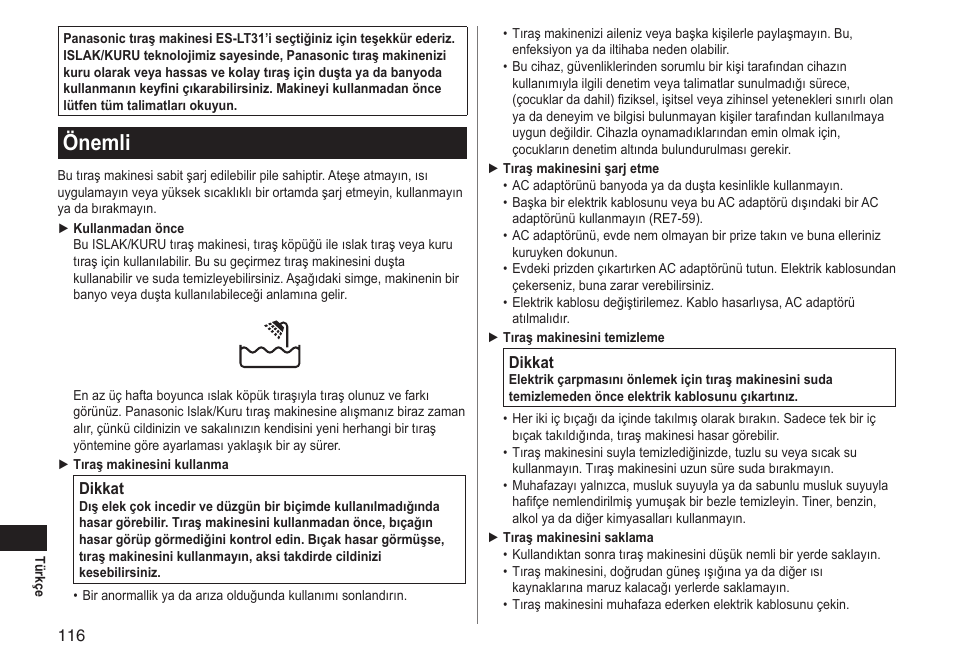 Önemli | Panasonic ESLT31 User Manual | Page 116 / 124