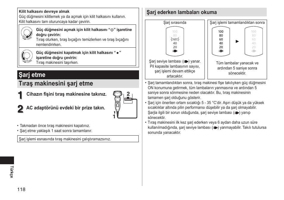 Şarj etme tıraş makinesini şarj etme | Panasonic ESLT31 User Manual | Page 118 / 124