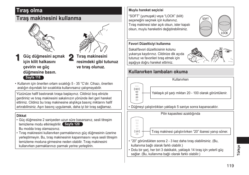 Tıraş olma tıraş makinesini kullanma | Panasonic ESLT31 User Manual | Page 119 / 124