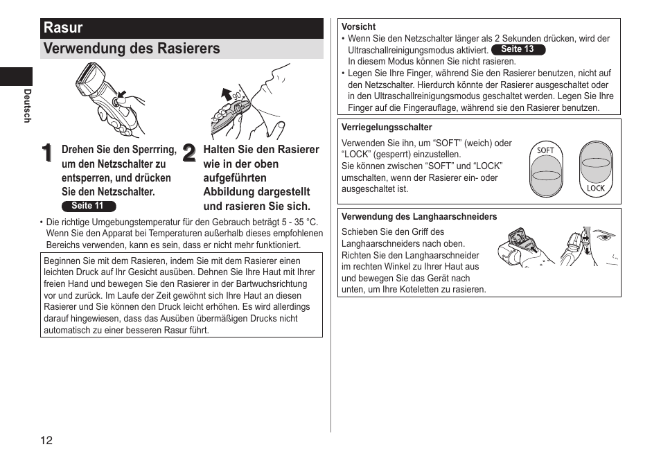 Rasur verwendung des rasierers | Panasonic ESLT31 User Manual | Page 12 / 124
