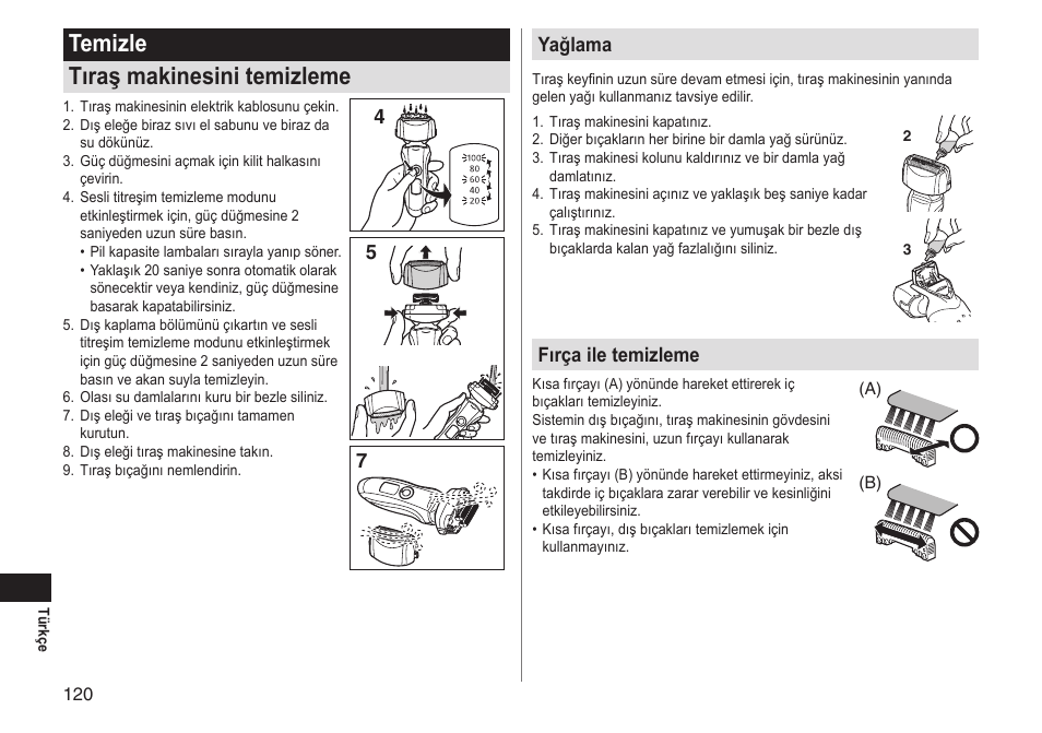 Temizle tıraş makinesini temizleme, 45 7 yağlama, Fırça ile temizleme | Panasonic ESLT31 User Manual | Page 120 / 124