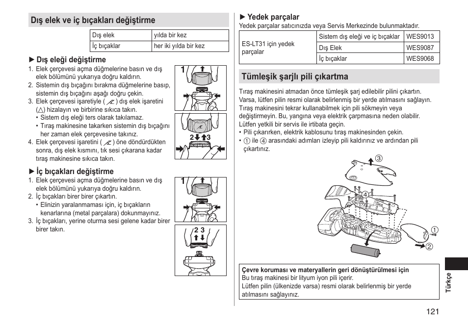 Dış elek ve iç bıçakları değiştirme, Tümleşik şarjlı pili çıkartma | Panasonic ESLT31 User Manual | Page 121 / 124