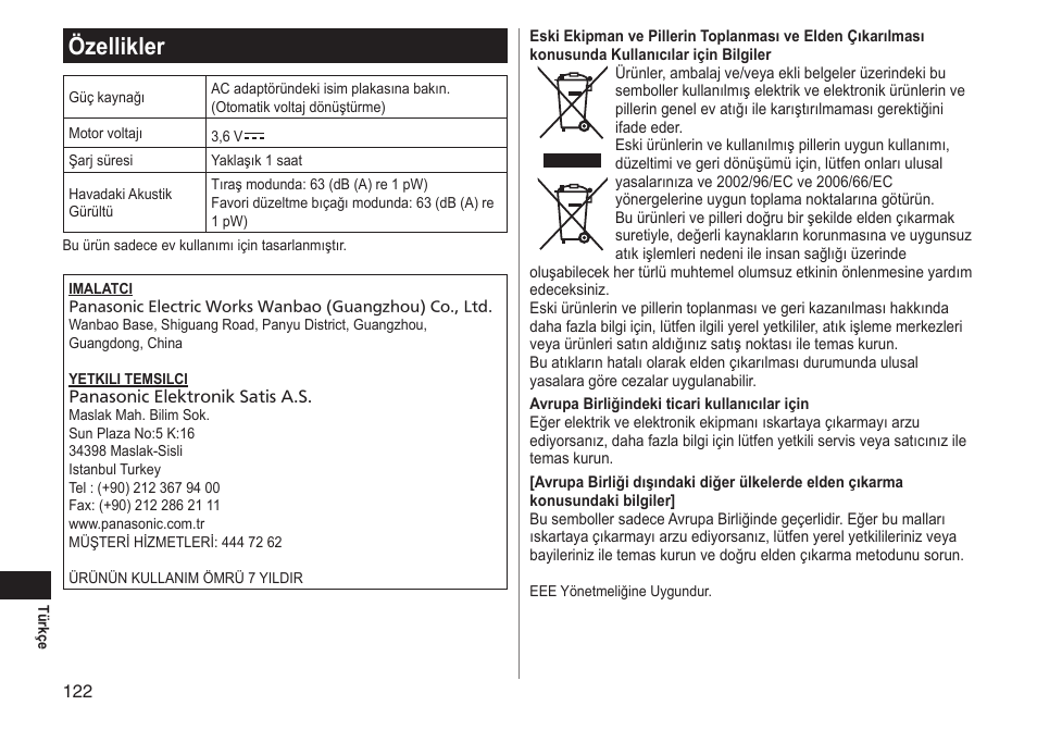 Özellikler | Panasonic ESLT31 User Manual | Page 122 / 124