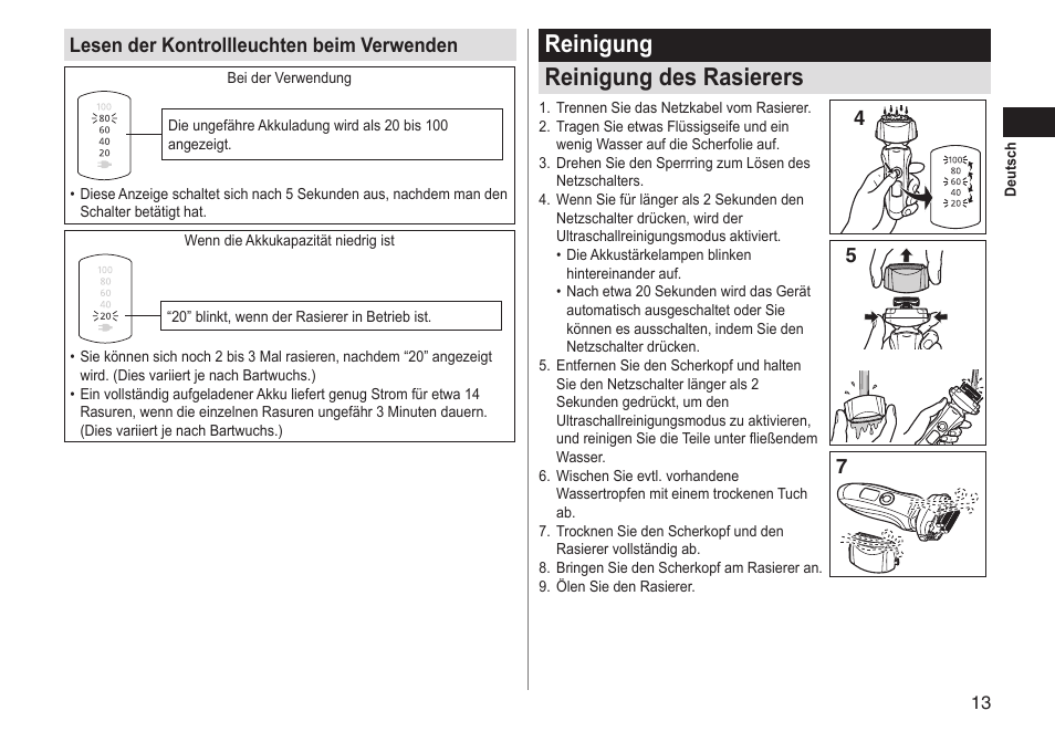 Reinigung reinigung des rasierers, Lesen der kontrollleuchten beim verwenden | Panasonic ESLT31 User Manual | Page 13 / 124