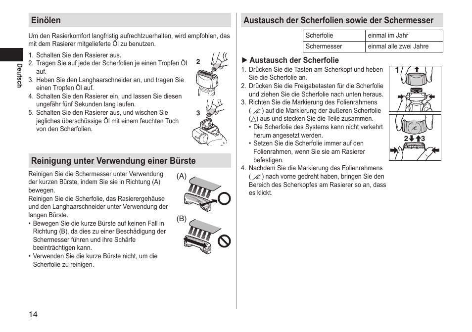 Einölen, Reinigung unter verwendung einer bürste, Austausch der scherfolien sowie der schermesser | Panasonic ESLT31 User Manual | Page 14 / 124