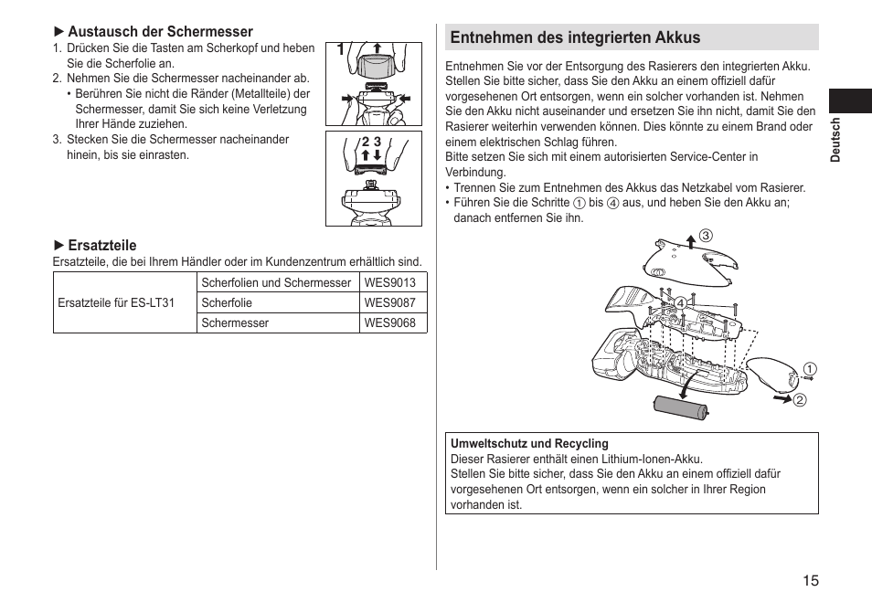 Entnehmen des integrierten akkus | Panasonic ESLT31 User Manual | Page 15 / 124