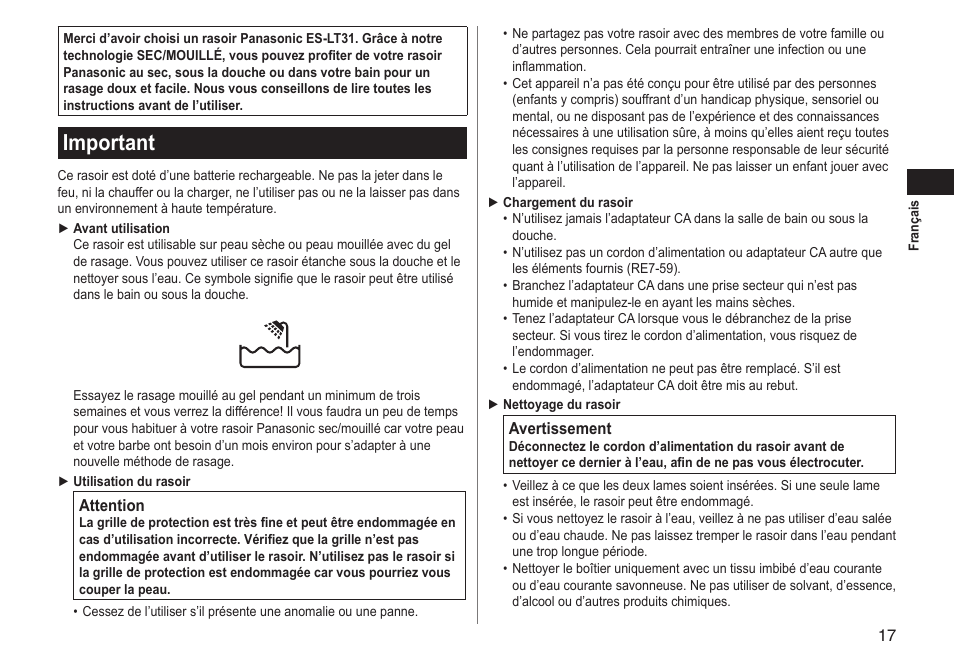 Important | Panasonic ESLT31 User Manual | Page 17 / 124