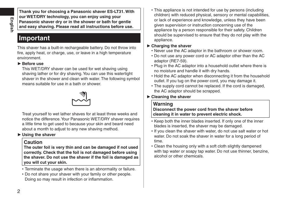 Important | Panasonic ESLT31 User Manual | Page 2 / 124