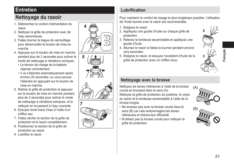 Entretien nettoyage du rasoir, 45 7 lubrification, Nettoyage avec la brosse | Panasonic ESLT31 User Manual | Page 21 / 124
