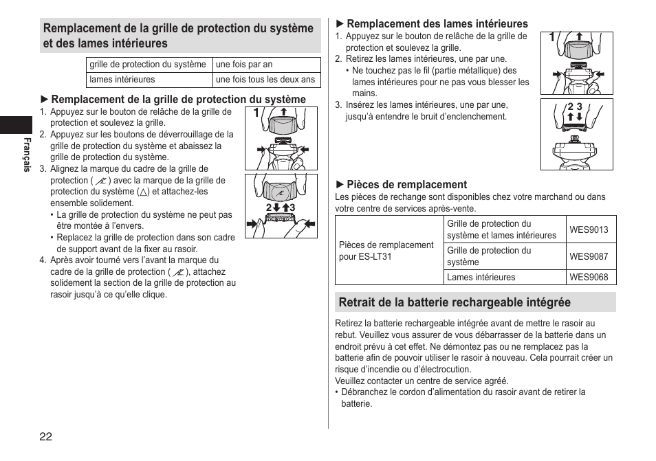 Retrait de la batterie rechargeable intégrée | Panasonic ESLT31 User Manual | Page 22 / 124