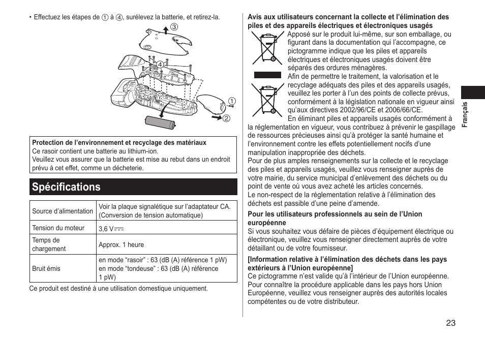 Spécifications | Panasonic ESLT31 User Manual | Page 23 / 124