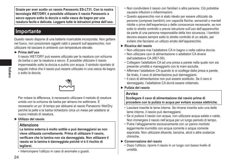 Importante | Panasonic ESLT31 User Manual | Page 24 / 124