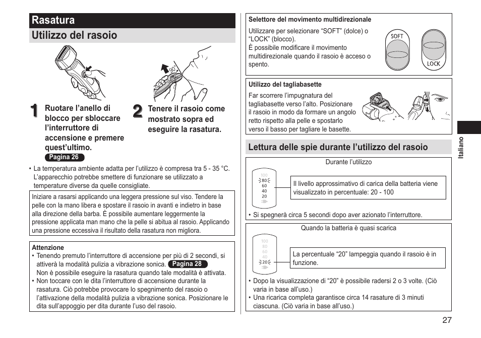 Rasatura utilizzo del rasoio | Panasonic ESLT31 User Manual | Page 27 / 124