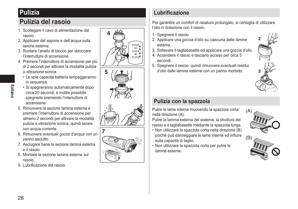 Pulizia pulizia del rasoio, 45 7 lubrificazione, Pulizia con la spazzola | Panasonic ESLT31 User Manual | Page 28 / 124