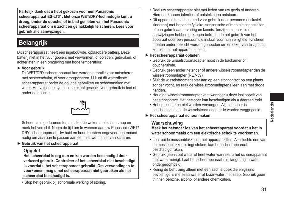 Belangrijk | Panasonic ESLT31 User Manual | Page 31 / 124