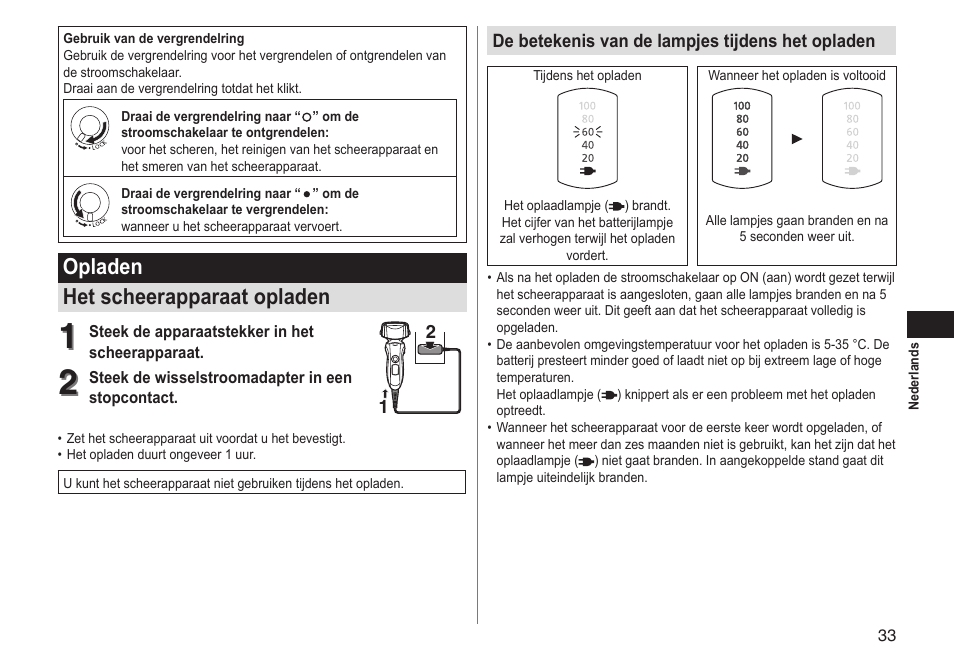 Opladen het scheerapparaat opladen | Panasonic ESLT31 User Manual | Page 33 / 124