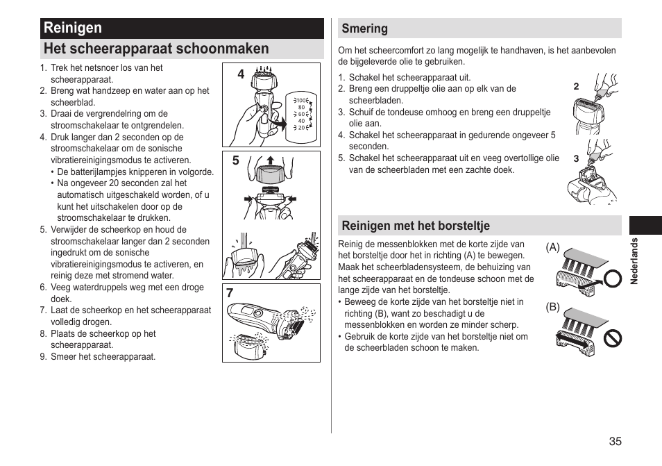 Reinigen het scheerapparaat schoonmaken, 45 7 smering, Reinigen met het borsteltje | Panasonic ESLT31 User Manual | Page 35 / 124