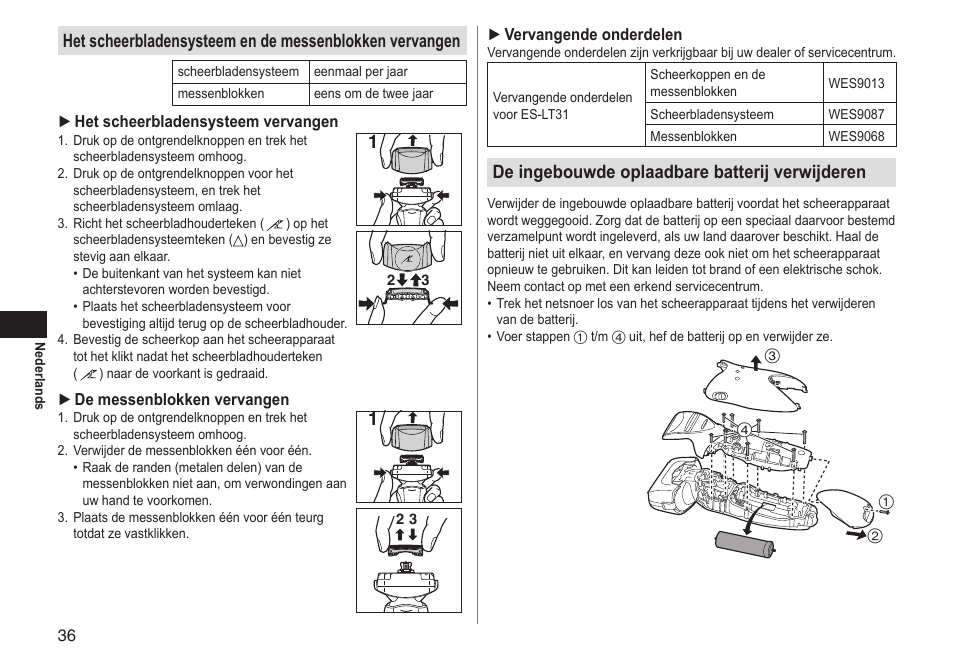De ingebouwde oplaadbare batterij verwijderen | Panasonic ESLT31 User Manual | Page 36 / 124